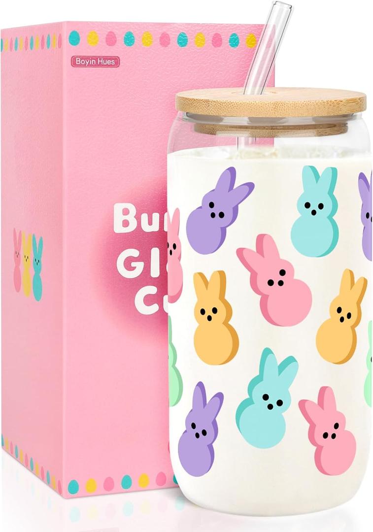 Easter Bunny Cup, Easter Gifts for Women Girls Kids, Teens Basket Stuffers, Cute 16oz Glass Iced Coffee Cup with Lid And Straw (Colour)