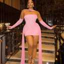Womens Sexy Strapless Bandage Tube Top Mini Dress Mesh Halter Long Sleeves Ruched Bodycon Cocktail Birthday Slim Short Dress (Pink, XL)