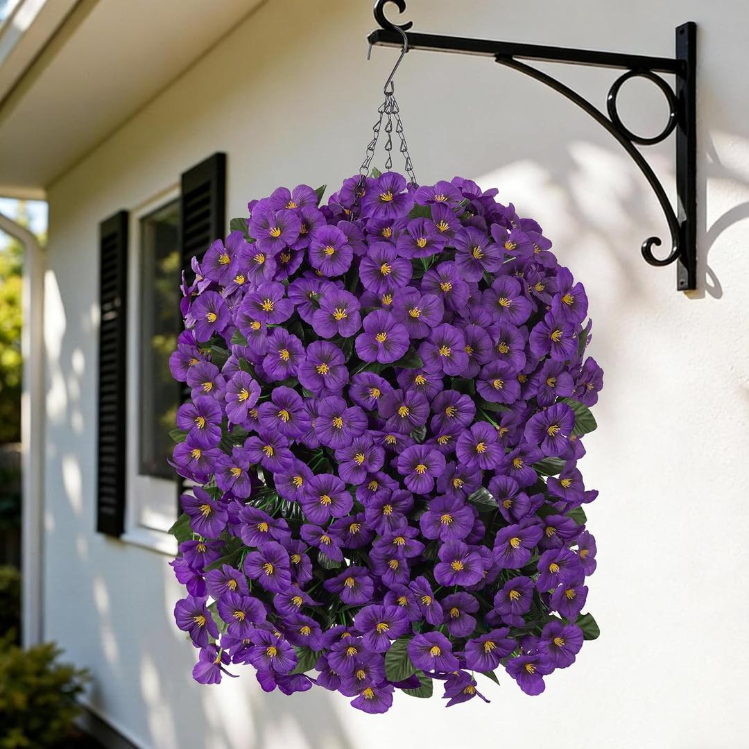 4pcs Artificial Flowers for Outdoors Fake Pansy with Hanging Basket UV Resistant Silk Spring Faux Flowers for Outside Front Door Porch Yard (Dark Purple)