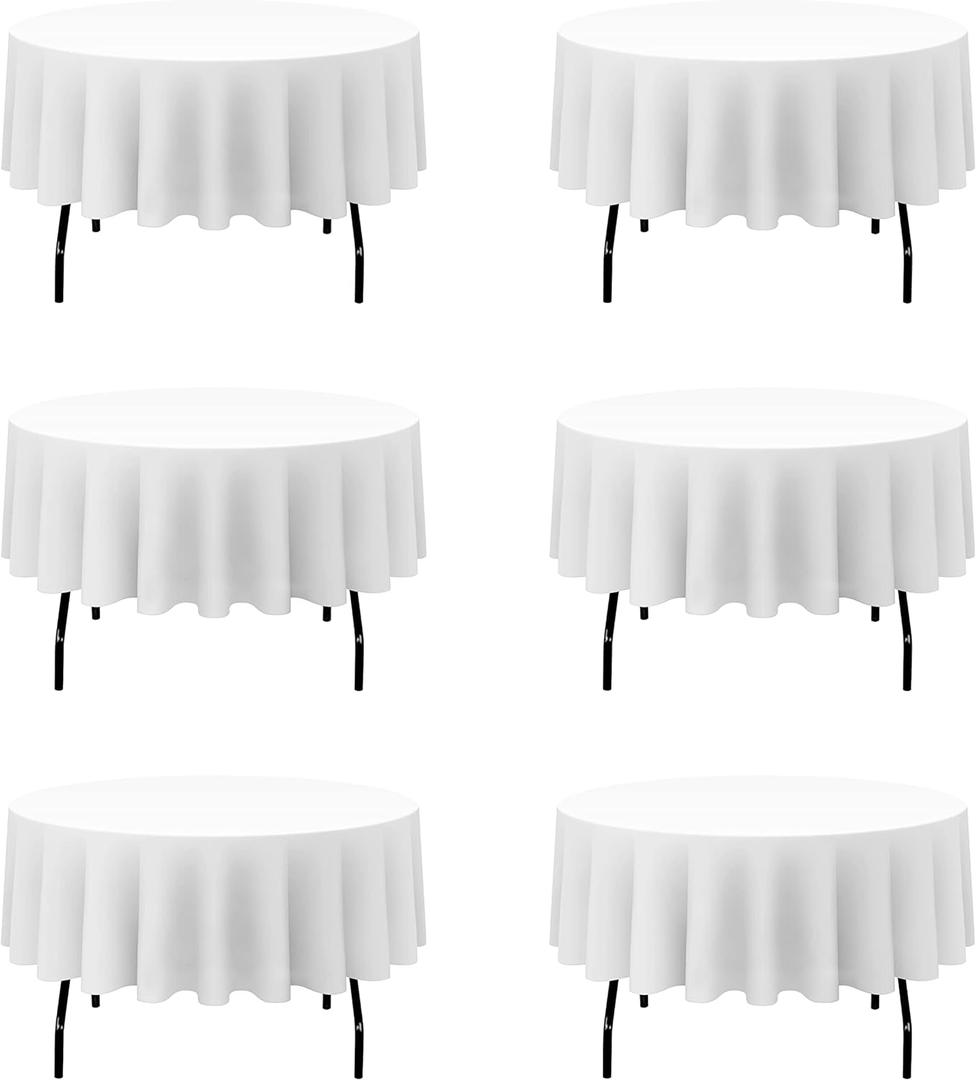 BRILLMAX 6 Pack White Round Tablecloths 70 Inch for 30-48 Tables - 150 GSM Polyester Fabric, Standard Drop, Water, Stain & Wrinkle Resistant Cloth Cover for Wedding Reception Banquet Dining Party