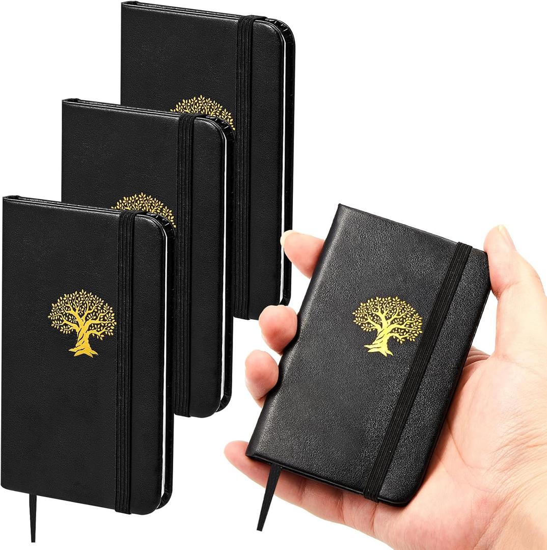 4 Pcs Mini Leather Pocket Notebook 4 x 2.5 Inch Small Hardcover Notebook 50 Sheets Hardcover Mini Notepad Tiny Lined Journal for Office Home School Writing Supplies(Tree of Life) (Black)