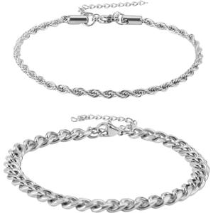 2pcs Silver Chain Bracelet for Men, Durable Waterproof Stainless Steel Cuban Link Bracelet Easter Gifts Fashion Mens Jewelry for Him or Teens Boys Gift Ideas
