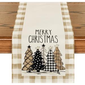 Artoid Mode Watercolor Brown Buffalo Plaid Christmas Trees Merry Xmas Table Runner, Seasonal Winter Holiday Kitchen Dining Table Decoration for Home Party Decor 13 x 60 Inch