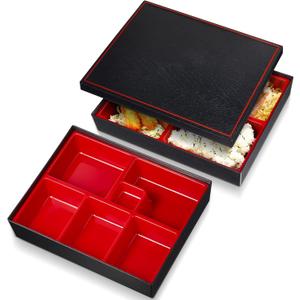 Teenyyou 2 Pcs 12 x 9.5 x 2.2 Inch Japanese Bento Box 6 Compartments Divided Lunch Box with Greaseproof Adult Japanese Bento Lunch Container Sushi Home Restaurant