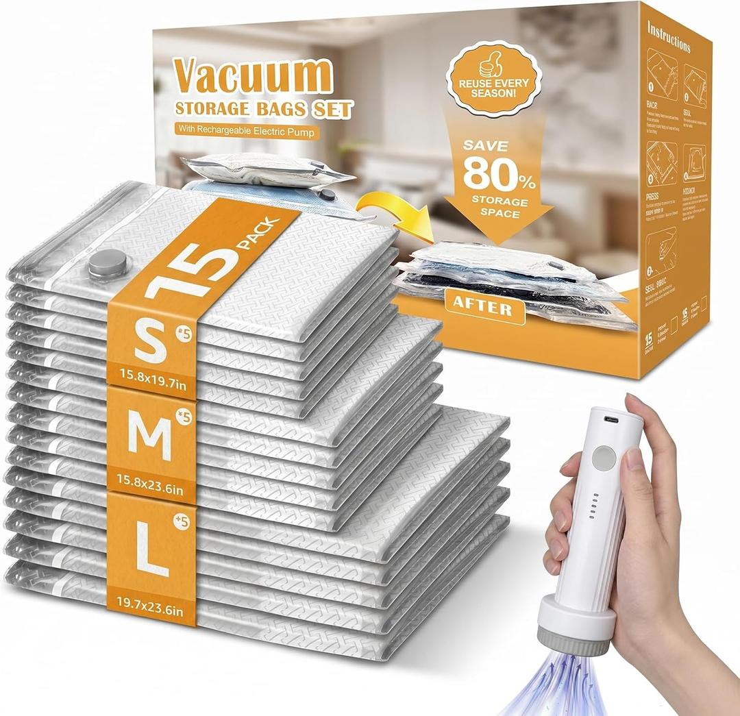 Travel Vacuum Bags with Rechargeable Electric Pump, 15 Pack, 3 Sizes | Vacuum Seal Bags for Clothing, Space Saver Compression Bags for Suitcase, Carry-On, Cruise & Travel, 15 Combo Travel Size (EXP 08/31/27)