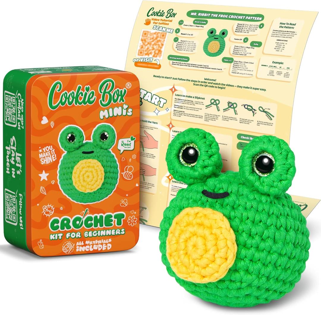 Cookie Box MINIs Crochet Kit for Beginners  Gift Set to Make Frog Ribbit Amigurumi Plushie  Easy DIY Crochet & Knitting Starter Kit with Printed Instructions & Step-by-Step Video Tutorial