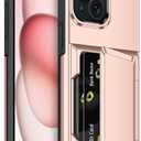 for iPhone 15 Case with Card Holder [Max 5 Cards] Heavy Duty Protective Shockproof Case Dual Layer Hidden Sliding Card Slot Wallet Case for iPhone 15 Phone Case Women&Men 6.1'' Rose Gold
