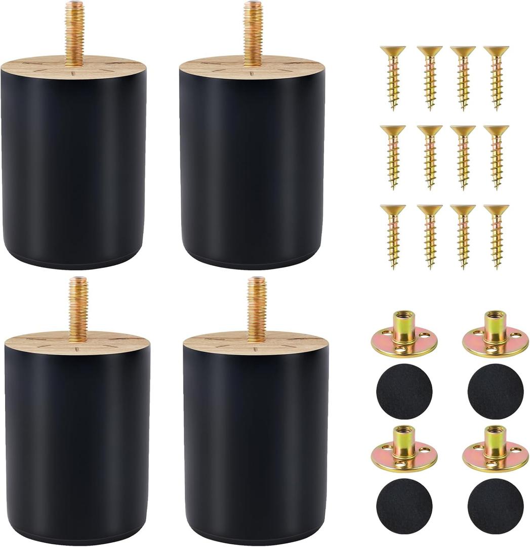 Wood Furniture Legs Set of 4,Solid Round Sofa Couch Feet Replacement Wood Legs for Furniture Table Chair Dresser Ottoman Cabinets Footstool DIY (3 inch, Black)