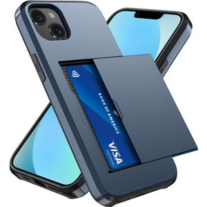 Qinmay Compatible with iPhone 13 Mini Case with Card Holder, Dual Layer Shockproof,Heavy Duty Protective Hidden Slot Slim Wallet Phone CoverBlue