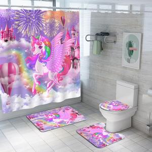 4Pcs Unicorn Kids Shower Curtain Set with Memory Bath Mat, Non-Slip Bathroom Rugs and Toilet Lid Cover, Waterproof Purple Shower Curtain Set with Hooks, Girls Kids Bathroom Decor Sets