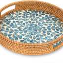 Round Rattan Tray with Handle, Rattan Serving Tray with Mother of Pearl Inlay Wooden Base, Decorative Wicker Basket for Table Decor (Blue Leaves)