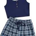 SOLY HUX Women's Pajama Sets 2 Piece Lounge Sets Button Tank Top and Plaid Shorts Sleepwear (Dark Blue), L