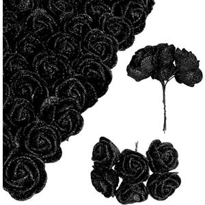 Black Glitter Roses Bouquet,72PCS Mini Foam Roses Artificial Roses with Stems for DIY Wedding Home Party Christmas Halloween Decoration(Black)