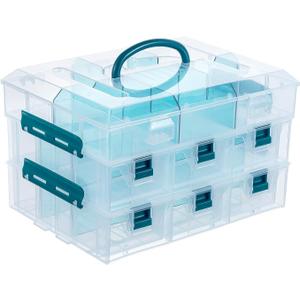 MyGift 11 Inch Clear Arts and Crafts Stackable Container, Sewing Supplies Storage Organizer Case with Blue Accents, 24 Customizable Compartments, and 6 Drawers with Removable Dividers