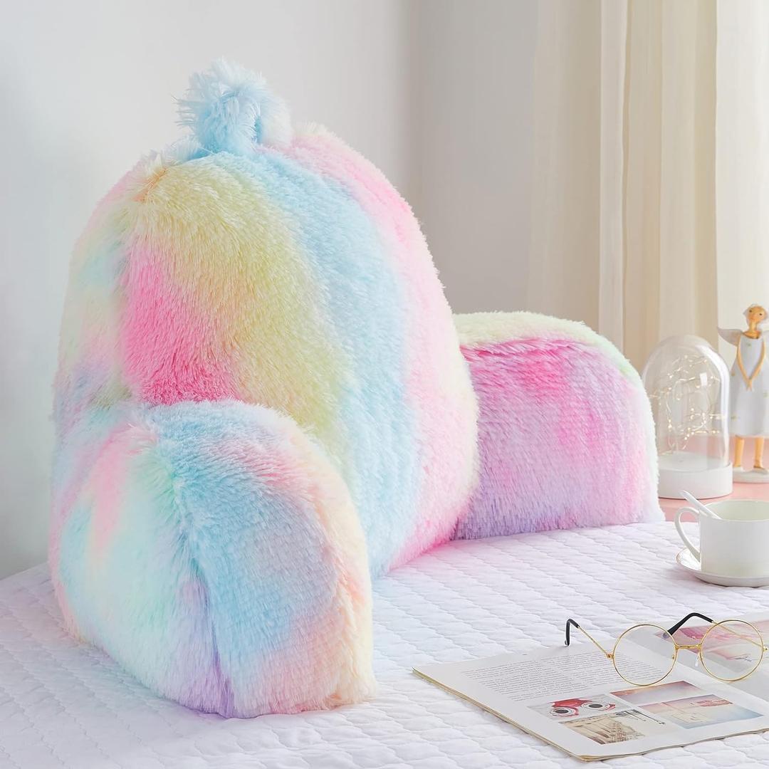 Reading Pillow for Bed - Faux Fur Backrest Pillow with Arms, Reading & Bed Rest Pillows Rainbow Colors, Fluffy Sit Up Pillow, Study Pillow for Kid, Tween, Teens & Adult Girls
