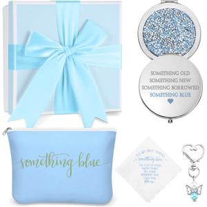 Fumete Something Blue Wedding Gift Set - Embroidered Handkerchief Angel Bouquet Charm Bridal Cosmetic Bag with Diamond Compact Mirror and Raffia Gift Box