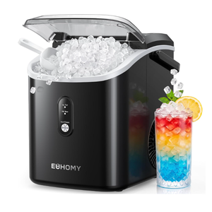 EUHOMY Nugget Ice Maker Countertop with Handle, Ready in 6 Mins, 34lbs Per Day, Removable Top Cover, Auto-Cleaning, Portable Sonic Ice Maker with Basket and Scoop, for Home/Party/RV/Camping (Black)