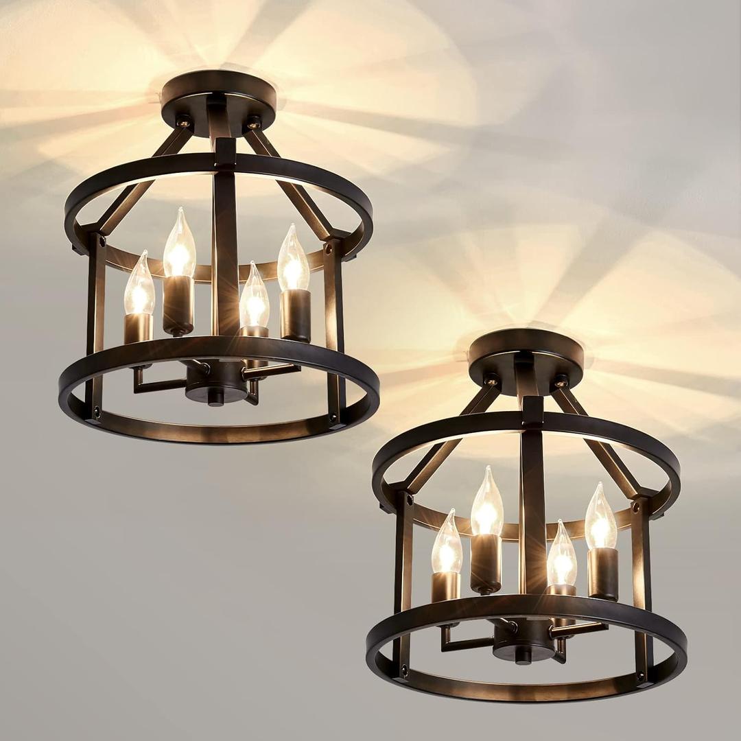 UOFUS 2-Pack Semi Flush Mount Ceiling Light Fixture Farmhouse Matte Chandelier Ceiling Lamp for Entryway Foyer Dining Room Bedroom Kitchen Hallway Black Metal