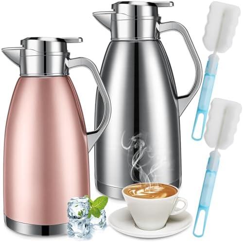 Tioncy 2 Pcs Thermal Coffee 78oz Insulated Carafe Hot Water Dispenser Stainless Steel Carafe for Hot Liquid Coffee Tea Milk with 2 Brushes Keep 12 Hours Hot 24 Hours Cold(Silver, Pink)