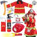 Fireman Costume for Kids, 10 Pcs Firefighter Costume with Toy Accessories Set, Fireman Role Play Outfit Toys, Kids Firefighter Dress Up Clothes, Halloween for Boys Toddlers Ages 3 4 5 6 7