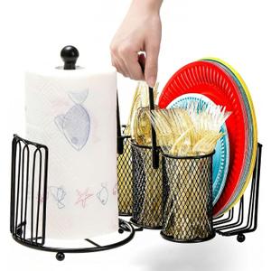 Elsjoy Utensil Caddy with Paper Towel Holder, Picnic Metal Flatware Organizer Camping Utensil Caddy with Handle, Portable Flatware Holder for Silverware, Paper Plates, Napkins