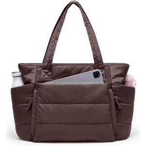 Tote Bag for Women with Zipper, Quilted Puffer Tote Bag with Compartments, Lightweight Puffy Work Bags for Women Travel, Dark Brown