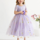 Flower Girl Lace Back V-Neck Dress Full-Length Floral Embroidered Toddler Tutu Tulle Dresses for Girls 5-6Y