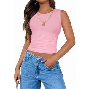 ZESICA Womens Summer Tank Tops 2026 Sleeveless Crewneck Knit Slim Fitted Side Ruched Casual Basic Shirt (Medium, Pink)