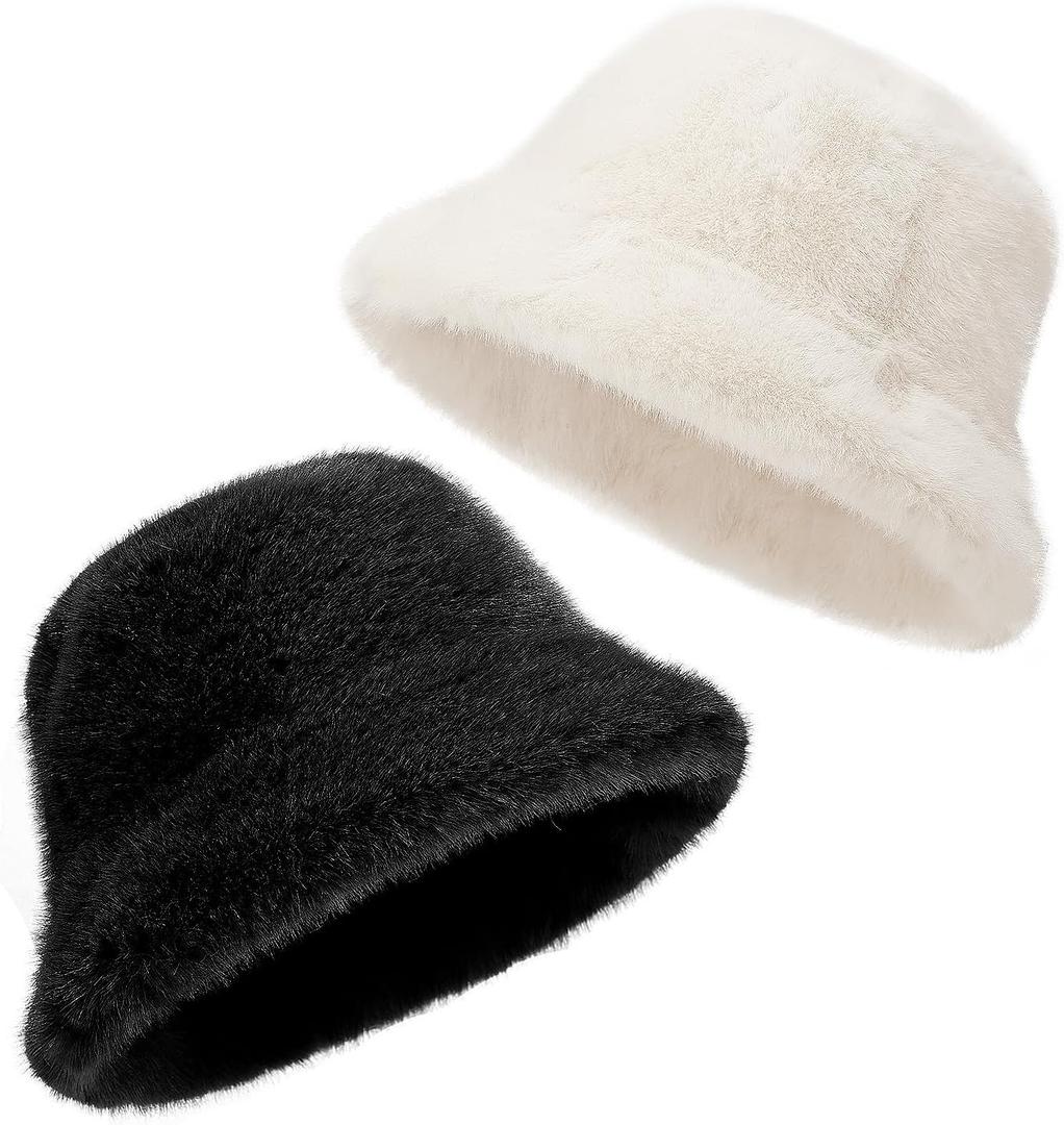 Fluffy Faux Fur Winter Bucket Hat for Women and Men - Solid Color Fisherman Cap, Soft Warm Plush Winter Hat with Foldable Brim for Cold Weather (Black)