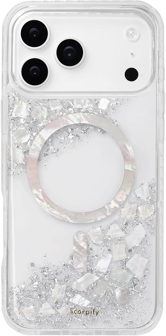 SCORPIFY for iPhone 17 Pro Max Case [Compatible with MagSafe] with Gleam Pearl Luster,Cute Clear Magnetic Phone Cover Bumper for Women Girls,Glitter Sparkle Silver Foil Flakes & Mother-of-Pearl Design