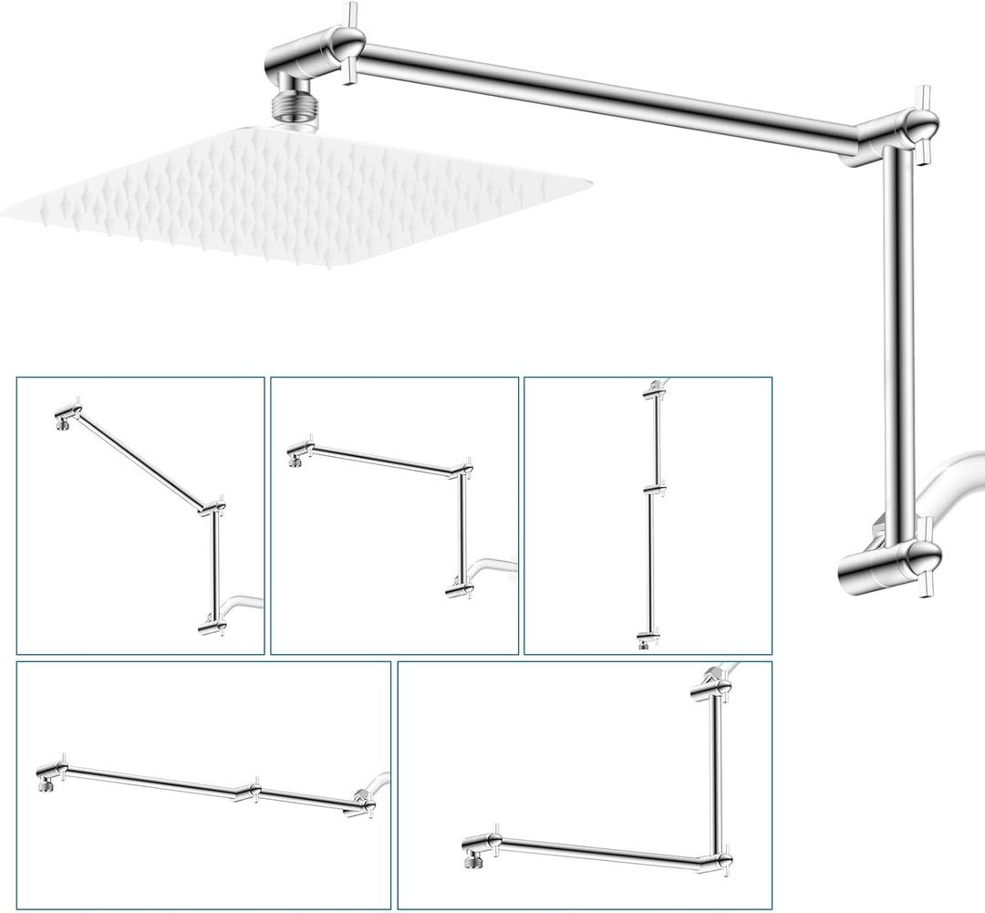 iFealClear All Metal 20" Shower Head Extension Arm, Solid Brass Shower Head Extender Adjustable Height Angle, G1/2 Universal Connection Stainless Steel Pipe with Lock Joint for Rain Showerhead, Chrome