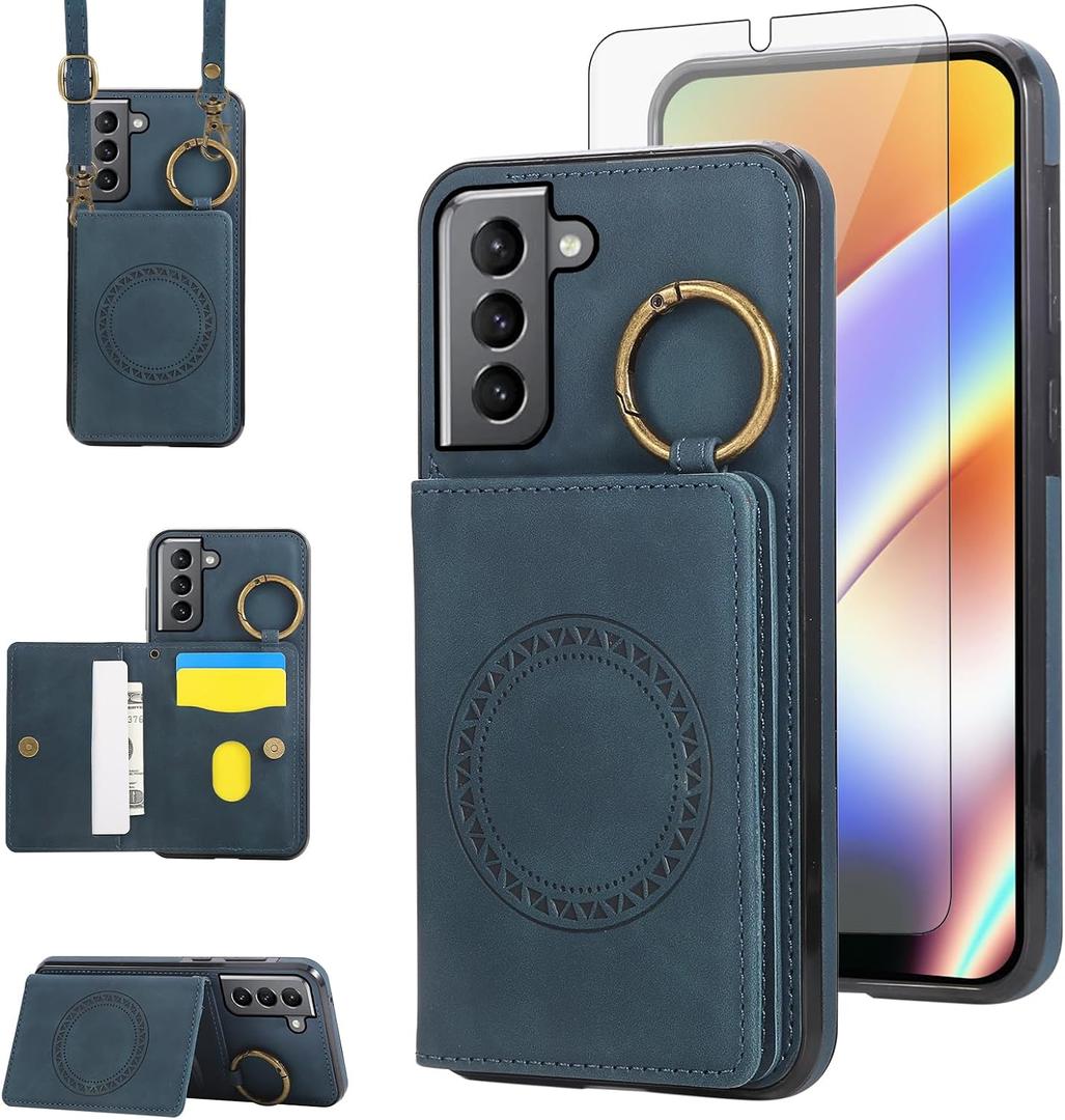 Compatible with Samsung Galaxy S22 5G Wallet Case and Screen Protector Crossbody Shoulder Strap Ring Buckle Stand Card Holder Magnetic Car Mount Phone Cover for S 22 22S 4G G5 6.1 inch Women Men Green