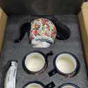 polish pottery style porcelain ceramic 10 piece Tea set,7.2oz tea cup and sauce set of 4,28.2oz teapot and 1wooden tray (Honey Bee Flower) (Black)