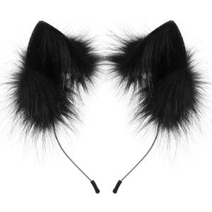 HAOAN Handmade Faux Fur Animal Cat Ears Headband Furry Fox Wolf Hairhoop Headwear Costume Accessory (Black)