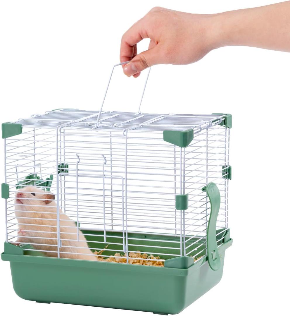 11" Small Animal Hamster Cage, Portable Outing Carrier, for Temporary Cage, Short Trip, Picnic, with Food Bowl, Water Bottle, for Small to Medium Hamster Pets, Dwarf Syrian Hamster, Gerbil, Green