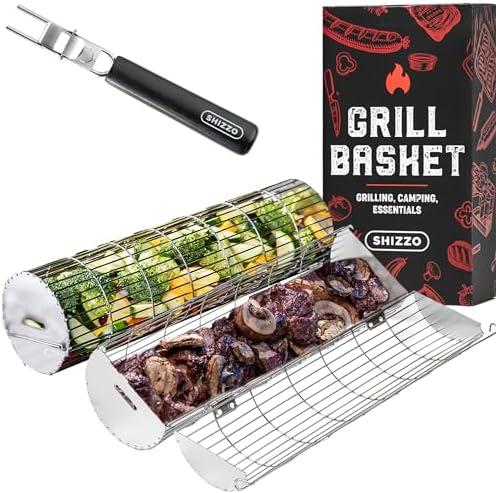 Rolling Grill Basket, New Opening Design, Extra Sturdy Cylinder Grilling Basket, Food Grade Stainless Steel, Large Portable Outdoor Camping accessories BBQ Net Rack, Cooking Griller for Fish, Vegetables, and More - Gifts for Men Dad Husband 