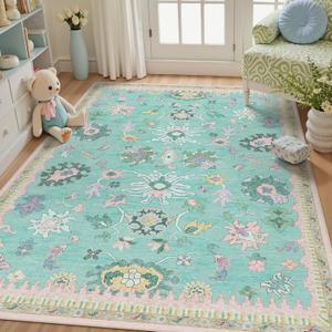 4x6 Washable Area Rugs - Modern Oushak Rug Vintage Floral Carpet for Living Room Non-Slip Low Pile Soft Machine Washable Carpet for Bedroom, Dining Room, Nursery, Home Office (4'x6', Green and Pink)