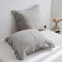 100% French Linen Euro Shams with Ruffles - Set of 2 - Washed Solid Color Natural Flax Soft Breathable Pillow Covers - Grey, 26'' x 26''
