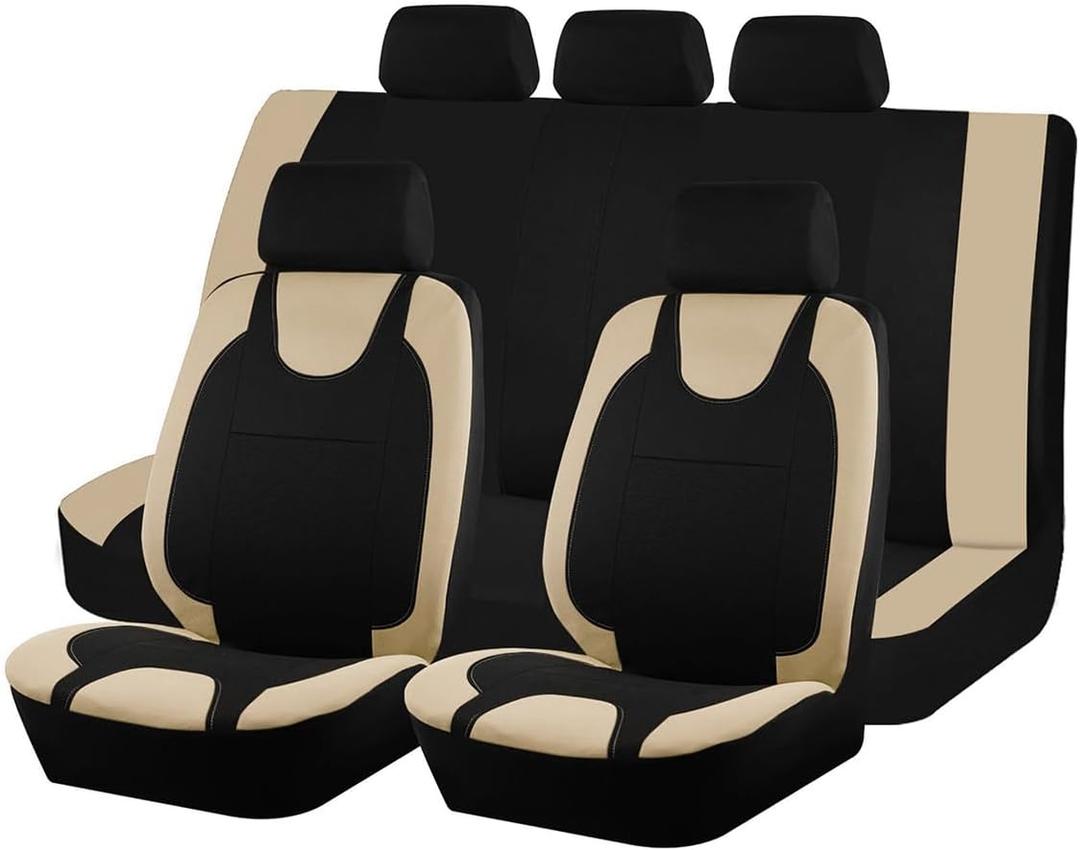 Car Seat Covers Full Set, Split Waterproof Polyester Mesh Vehicle Front and Rear Seat Protectors, All-Weather Automotive Interior Chair Cushion, Universal for Automobile RV Truck (Beige)