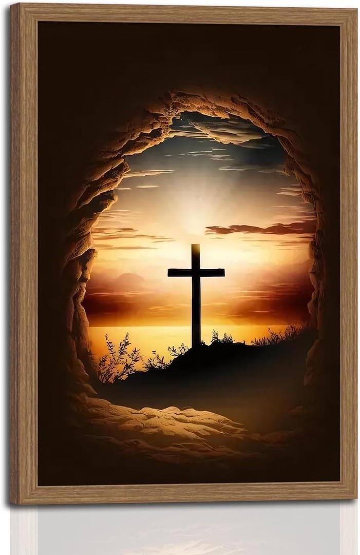 Framed Christian Cross Canvas Wall Art, Inspirational Religious Painting, Sunset Landscape Poster, Spiritual Decor for Home, Church, Office, or Prayer Room 16x24in