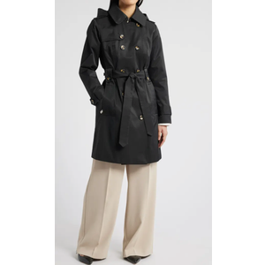 London Fog Missy Hooded Belted Trench Coat Black , Size Large