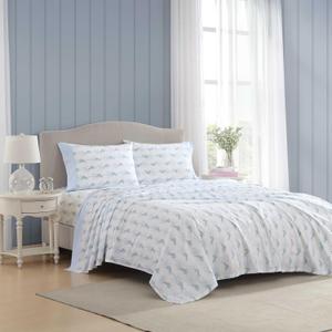 Laura Ashley - Queen Sheet Set, Crisp & Cool Cotton Percale Bedding with Deep Pockets, Lightweight for Year Round Comfort, Bed Sheets with Matching Pillowcases (Floral Ribbon Blue)