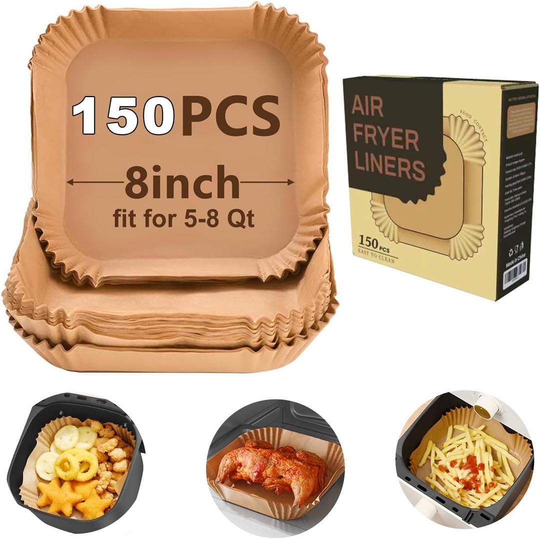 air fryer paper liners, 150pcs disposable airfryer liners parchment papers, square 8inch Non-stick sheets, air fryer liners disposable basket, Free of Bleach