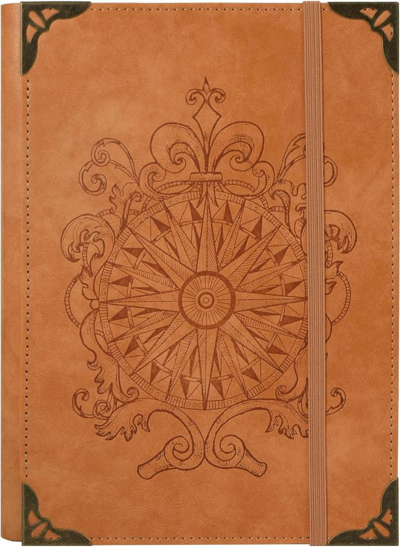 TIEFOSSI A5 Binder 6 Ring Notebook for Women Men, Hardcover PU Leather Journal, Compass Vintage Journal, College Ruled Notebooks for School, Planner, Travel, Work, Organizer (C-Light Brown)