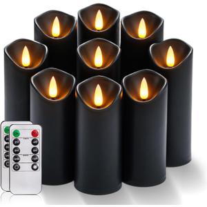 Homemory Black Flameless Candles, Halloween Candles, Battery Operated Candles, LED Pillar Candles with Remote Control and Timers, Set of 9