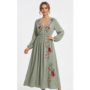 Olive Green Boho chiffon dress w/ floral accents, Green, Small