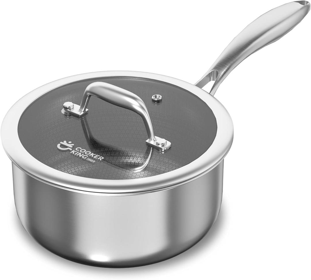 COOKER KING 1.5 Quart Stainless Steel Saucepan, Nonstick Sauce Pan, Ceramic Suce Pot with Tempered Glass Lid, Induction Pot Compatible with All Cooktops, Dishwasher & Oven Safe(PFAS/PFOA/PTFE Free)