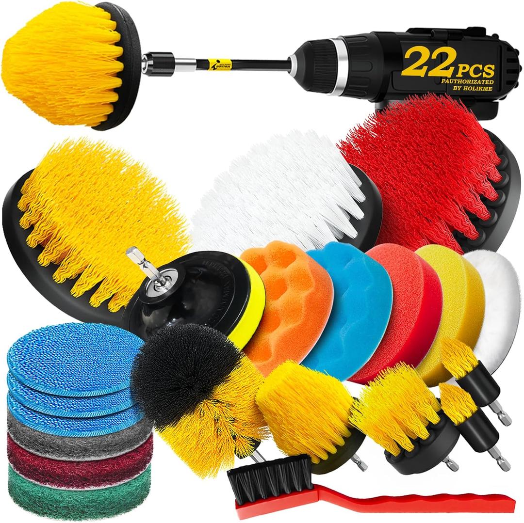 Holikme 22Pack Drill Brush Attachments Set,Scrub Pads & Sponge, Buffing Pads,Power Scrubber Brush,Car Polishing Pad Kit,Wax Applicator Pad,Car Cleaning Kit,Masonry Brushes,Cleaning Supplies (Yellow)