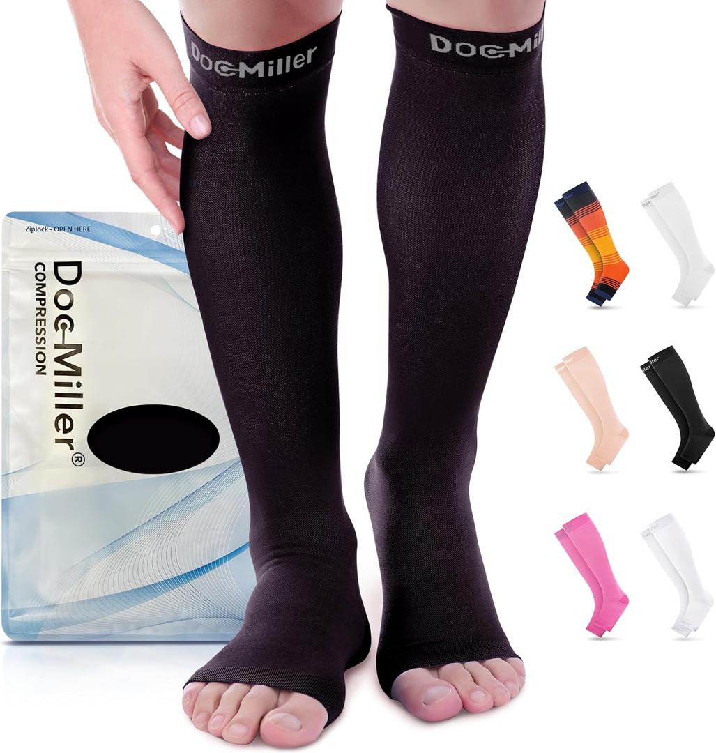 Doc Miller, Open Toe Compression Socks, 8-15 mmHg, Toeless, Support Circulation, Shin Splints, Calf Recovery, Varicose Veins, Knee High, Medical Grade, Black Socks, Large Size for Men & Women, Pair