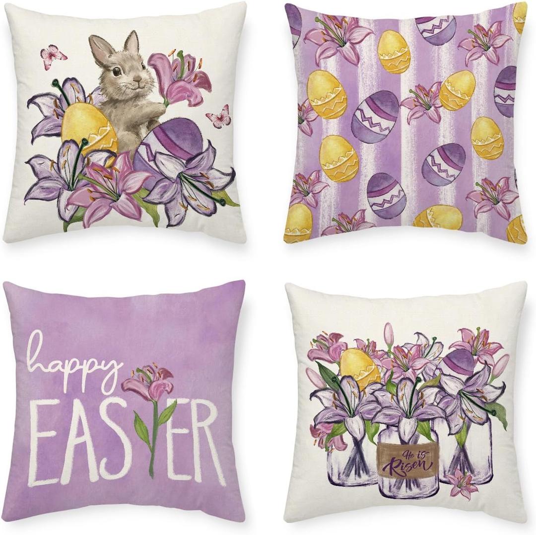 Happy Easter Purple Lily Pillow Covers Watercolor Eggs Bunny 18 x 18 Inch Throw Pillows, Spring Anniversary Celebration Seasonal Decorative Farmhouse Cushion Case for Sofa Couch Set of 4